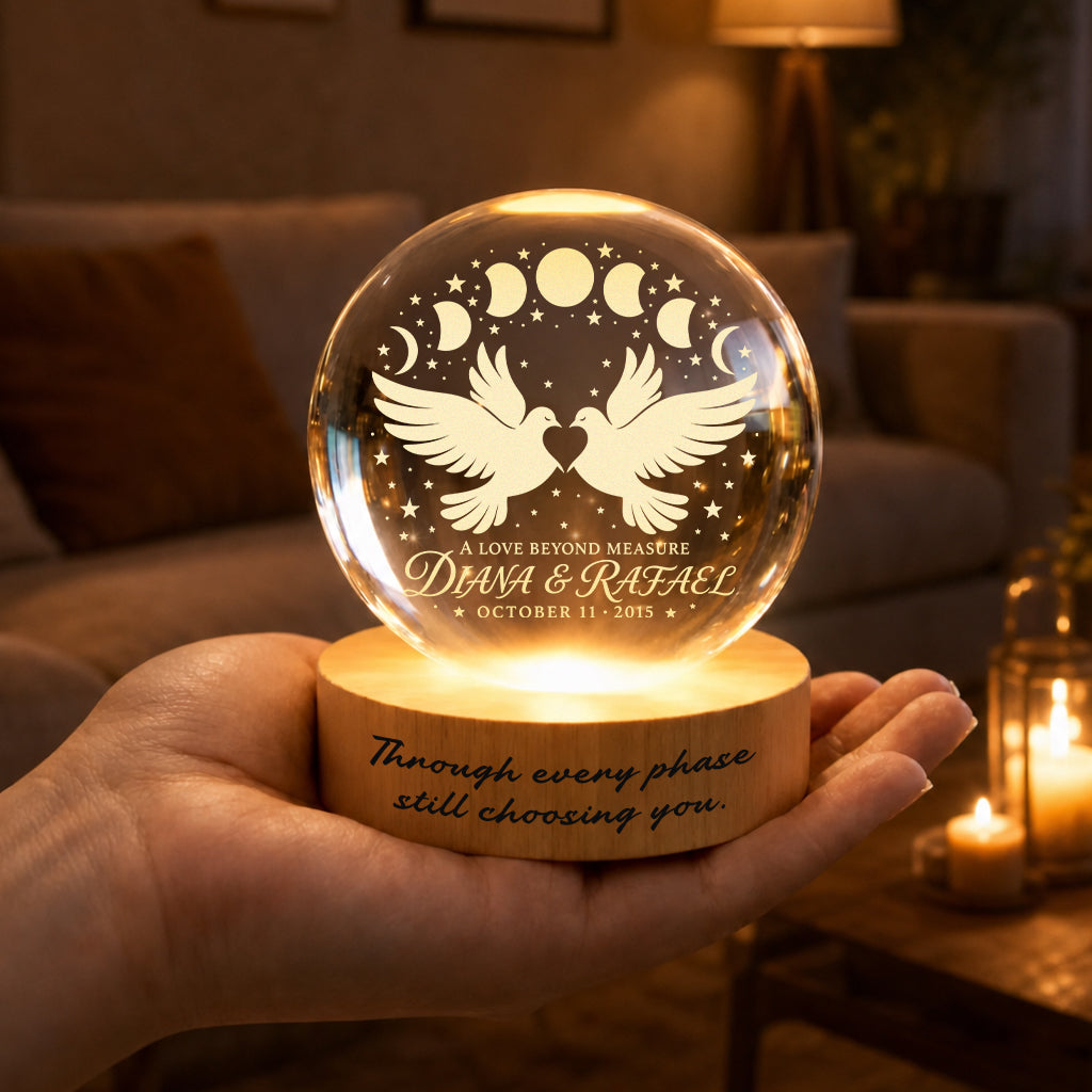 Personalized Twin Doves Celestial Arch Crystal Ball Lamp